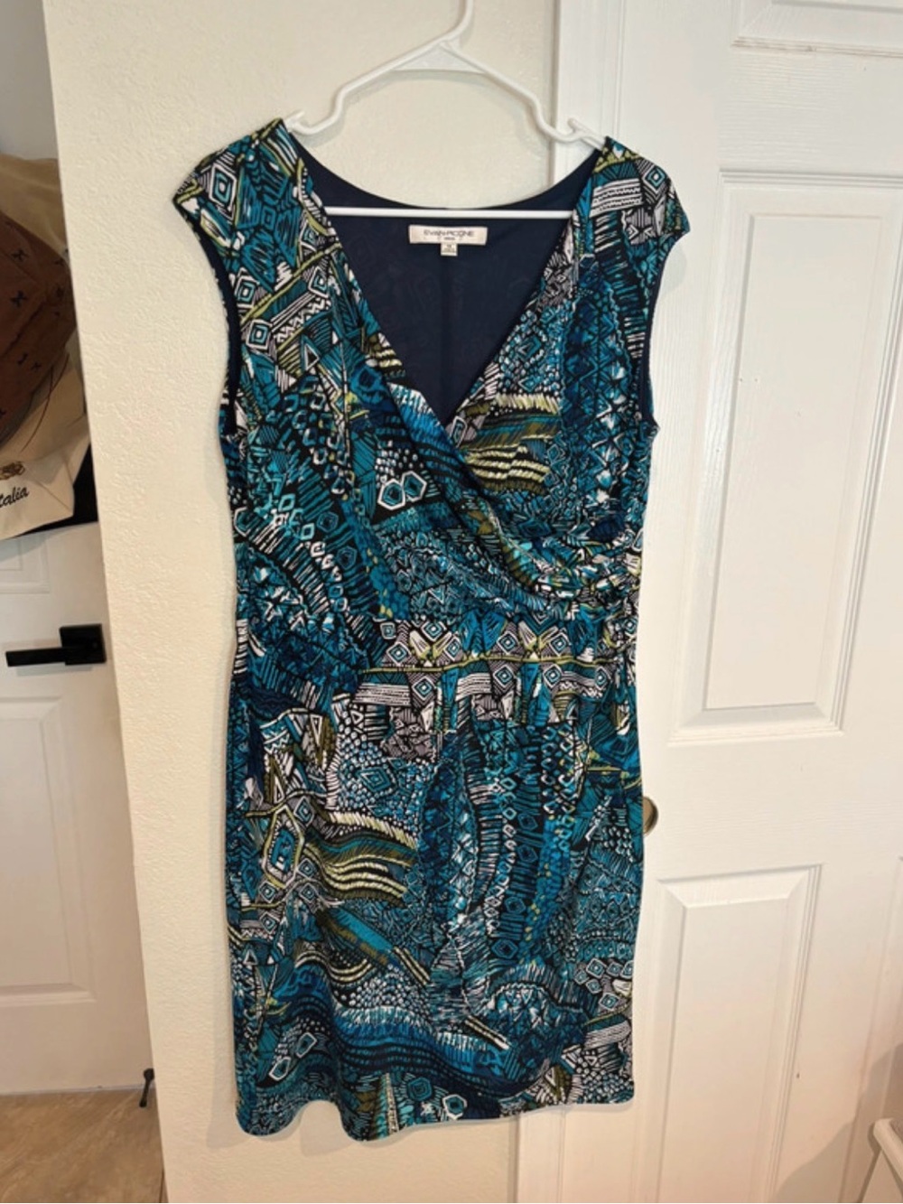 Evan Picone Teal and Navy Printed Faux-Wrap Midi Dress